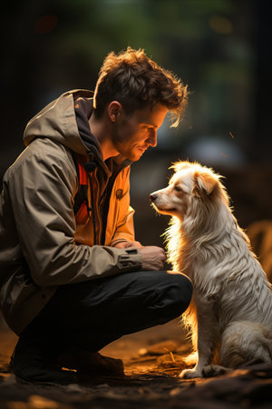 Training Time: A man training his pet, highlighting the positive impact of training on behavior and the bond between owners and their animals.の素材