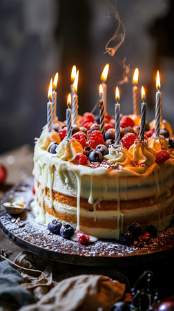 Closeup of Birthday cake with candles. Dark background with bokeh.の素材