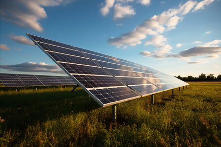 Solar Panels in the Sun: A field of solar panels glistening in the sunlight, illustrating the harnessing of solar energy for sustainable power generation.の素材