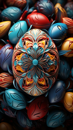 Beautifuly decorated colorful Ester eggs with carving.の素材