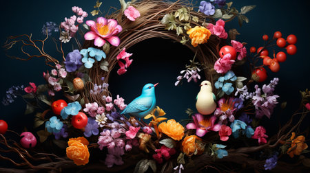 Easter Wreath: Intricate and beautiful wreath for the season made of colorful flowers on dark background.の素材