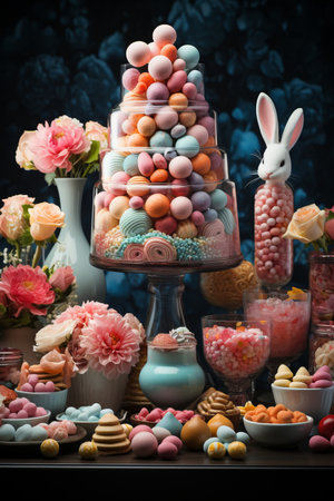 Easter themed Dessert Buffet: A dessert buffet with Easter themed treats, surrounded by colorful decor like bunny cake toppers, egg-shaped cookies, and festive cupcakes.の素材
