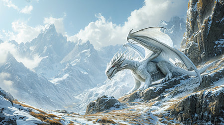 Fantasy white dragon with large, sharp wings stands on the top of the mountain. Beautiful alpine mountains background with blue sky and white clouds.の素材
