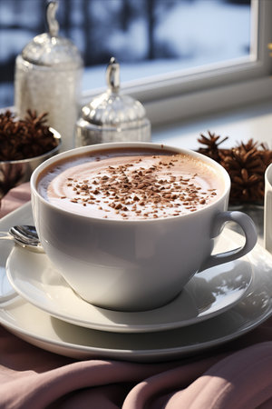 Delicious hot chocolate with appetizing whipped milk foam and cinnamon in a mug.の素材