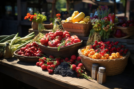 Farmers market. Colorful market scene with fresh greens and vegetables on the stand.の素材
