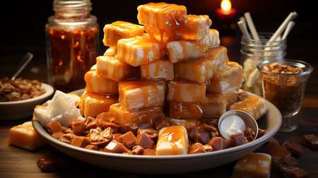 Closeup of craft caramel and toffee candies on a plate.の素材