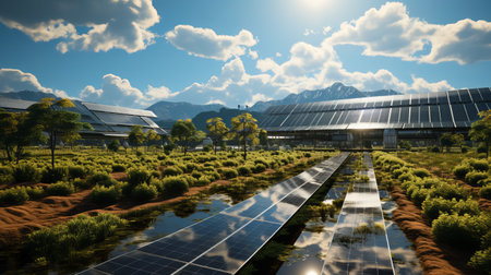 Solar Farming: Agricultural fields with solar panels installed, demonstrating the concept of solar farming and the coexistence of renewable energy and agriculture.の素材