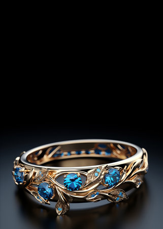 Luxurious gemstone ring with nature inspired design. Floral motifs jewelry. Black background with copy space.の素材
