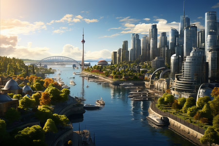 A cityscape with skyscrapers surrounded by green parks and water.の素材