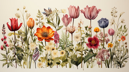 Botanical Illustration: watercolor drawing of flowering plants in retro styleの素材