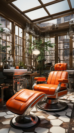 Barber Shop Interior:  barbershop interior decor with traditional armchair.の素材