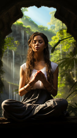 A serene scene of an individual practicing mindfulness meditation in a peaceful natural setting, emphasizing the importance of meditation for mental well-being.の素材