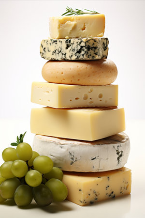 Assortment of cheeses. Various types of cheese on white background.の素材