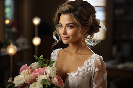 Portrait of young beautiful bride with elegant wedding hairstyle and makeup.の素材