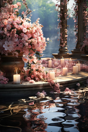 Setting for outdoor wedding ceremony decorated by pink flowers and candles.の素材