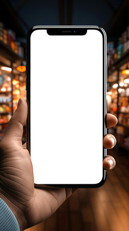 Mobile Shopping: A person holding a mobile device with white screen on blurred store interior background.の素材