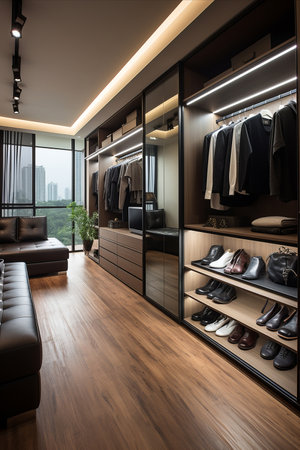 Stylish and convenient wardrobe in modern apartment.の素材