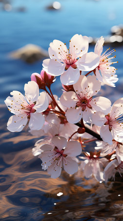 Blooming Trees: Closeups of flowering tree branch above the water in spring.の素材