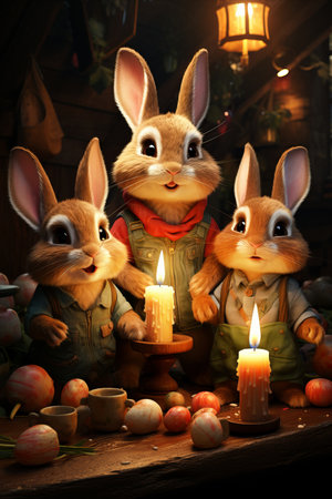 Bunny Family Celebration: A cute family of Easter Bunnies celebrating together in a joyful setting.の素材