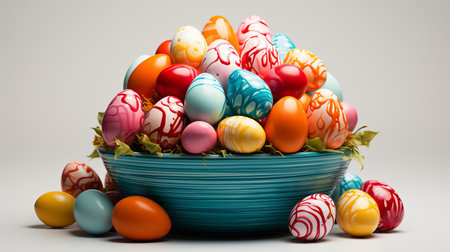 Colorful Easter basket filled with eggs on light background. Easter concept.の素材