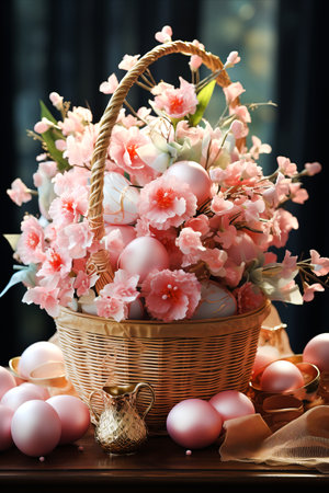 Elegant pastel Easter basket filled with eggs and treats, decorated with flowers. Easter concept.の素材