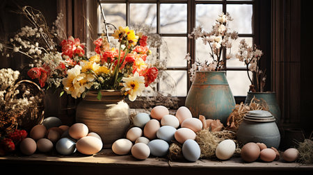 Rustic Easter Decor: Farmhouse style decorations for Easter. Vases with flowers and eggs.の素材