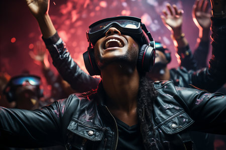 Virtual Concert Experience: Fans wearing VR headsets, attending a virtual concert, capturing the energy and excitement of live performances in a virtual space.の素材