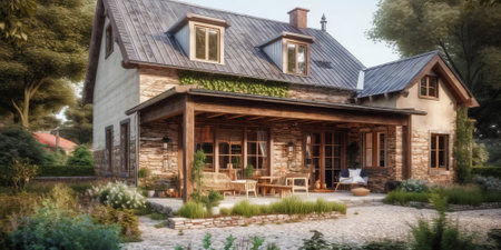 Country house in traditional architectural style with terrace.の素材