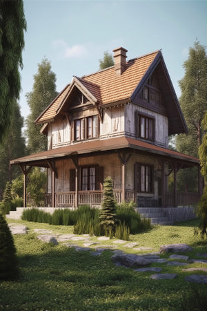 Small country house in traditional wooden architectural style.の素材