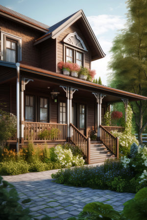 Porch with stairs of the country house in traditional wooden architectural style.の素材