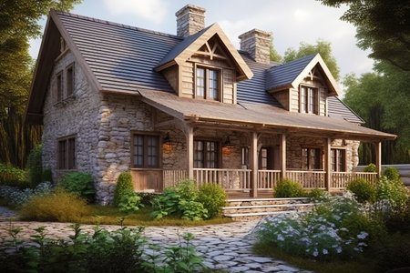 Beautiful country house in traditional architectural style with wooden porch.の素材