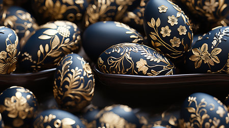 Elegant Gold Foil Egg Motif: A luxurious seamless pattern featuring Easter eggs adorned with gold foil details, creating an elegant and sophisticated design.の素材