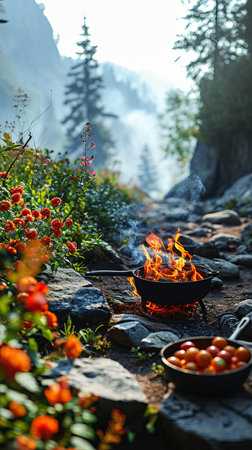 Culinary Adventure in Nature: Cooking outdoors and camping.の素材