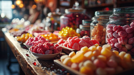 Candy Buffet Table: display with candied and sugared berries and fruits in glass jars in confectionery.の素材