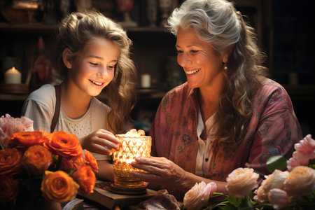 Birthday Gift Moment: A young girl receiving  gift from her grandmother.の素材