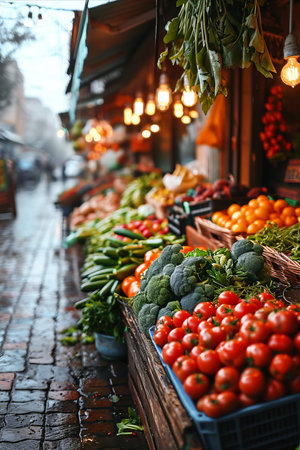 Farmers market. Colorful and diverse market scene with fresh greens and vegetables on the stand.の素材