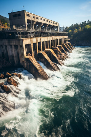 Hydroelectric Power Generation: A dam with rushing water, highlighting the production of clean energy through hydroelectric power generation.の素材