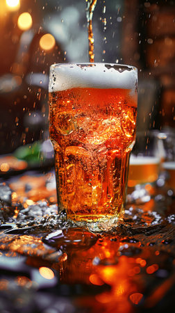 Beer Pouring Process: Close-up of beer being poured into glass.の素材