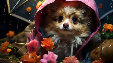 Pet with Rainy Day Accessories: A pet adorned with a raincoat.の素材