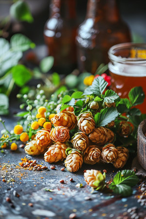 Beer Ingredients: Close-ups of hops for brewing beer. Beer bottles on background.の素材