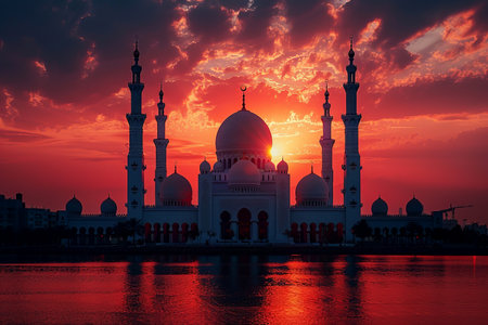 Mosque silhouette against a bright red sunset sky.の素材