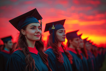 Portrait of graduates against the backdrop of a colorful sunset or sunrise.の素材
