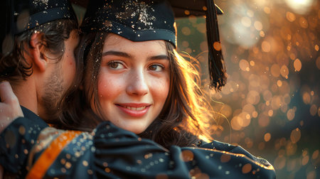 Emotional moments when graduates wearing black gowns and caps hug one another after the ceremony.の素材
