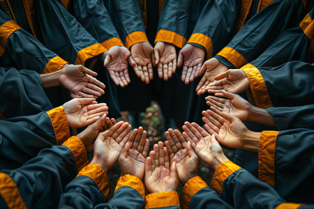 Graduates holding hands form a circle of unity and support.の素材