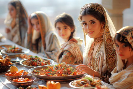 Islamic family around a festive table, celebrating Eid al-Adha with traditional dishes.の素材
