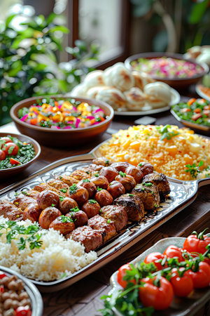 Festive table with traditional dishes for celebrating Eid al-Adha.の素材