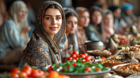 Islamic family celebrating Eid al-Adha around a festive table with traditional dishes.の素材
