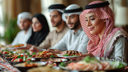 Islamic family around a festive table with traditional dishes, celebrating Eid al-Adha.の素材