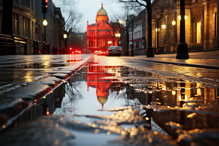 City street with puddles after rain, capturing the rain-soaked holes and potholes on the road. The road surface needs repair.の素材