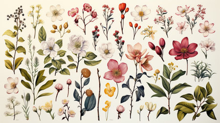 Botanical Illustration: Detailed watercolor drawing of flowering plants with separate parts of it, in retro styleの素材